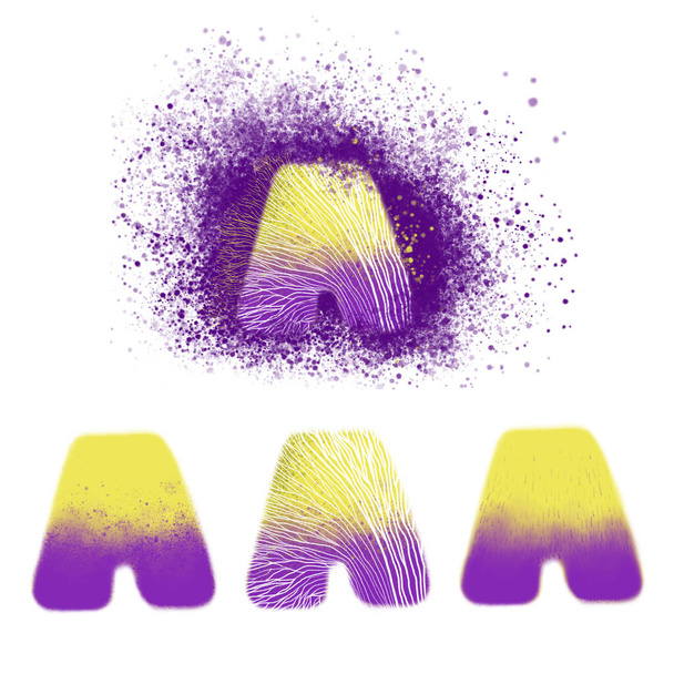Set of colorful hand drawing A letters. Design elements for posters, logos, advertising, templates, banners, icons, scrapbook, greeting cards. White isolated background. Purple, yellow colors.  - Photo, Image