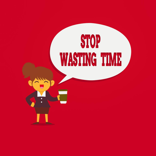 Word writing text Stop Wasting Time. Business concept for Organizing Management Schedule lets do it Start Now Female Hu analysis Wearing Uniform Holding a coffee To Go Cup and Speech Bubble. - Photo, Image
