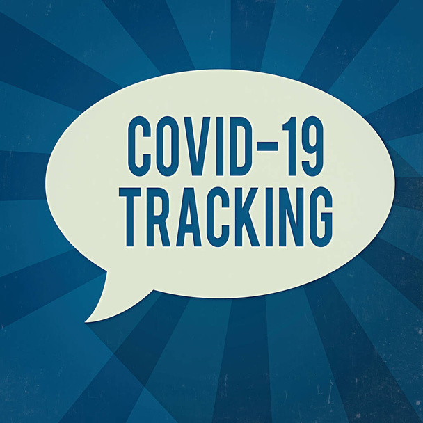 Kirjoitan viestiä, jossa lukee Covid 19 Tracking. Business valokuva esittelee Tunnistaminen mahdollisten tartunnan saaneiden yksilöiden soikea Puhe Bubble kiinteä Väri ja varjo Burst tausta. - Valokuva, kuva
