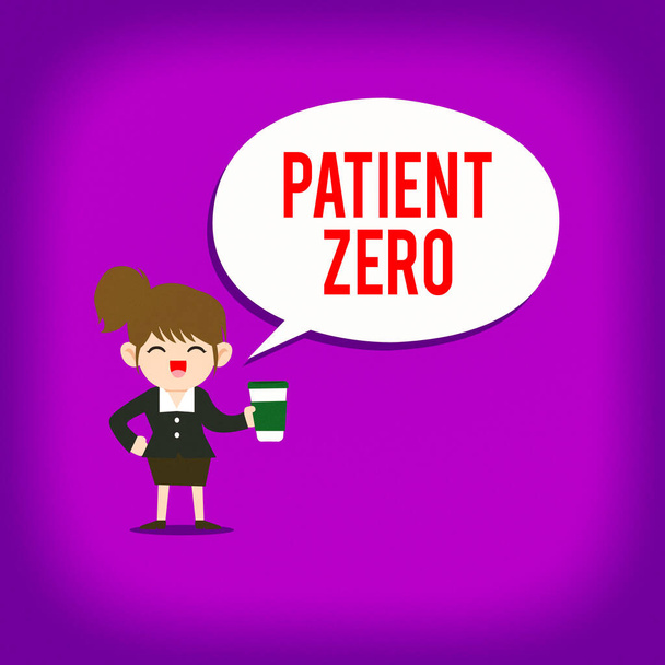 Text sign showing Patient Zero. Conceptual photo primary disease carrier of the highlycontagious disease Female Hu analysis Wearing Uniform Holding a coffee To Go Cup and Speech Bubble. - Photo, Image