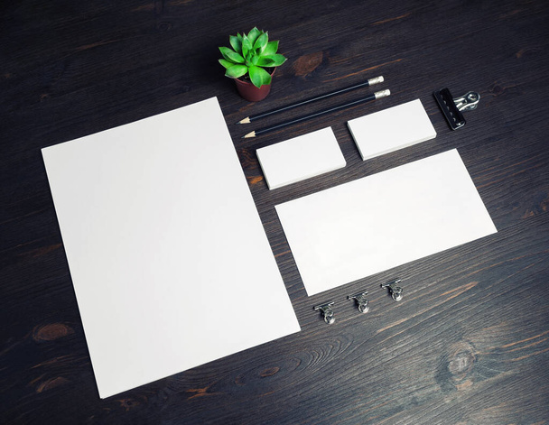 Branding stationery mockup on wood table background. Blank objects for placing your design. - Photo, Image