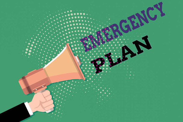 Text sign showing Emergency Plan. Conceptual photo instructions that outlines what workers should do in danger Male Hu analysis Hand Holding Gripping a Megaphone on Dotted Halftone Pattern. - Photo, Image