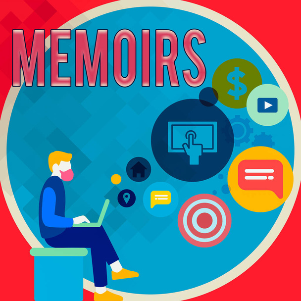 Handschriftlich geschriebene Memoiren. Konzept bedeutet Sammlung von Erinnerungen, die Einzelne über Momente oder Ereignisse schreibt Man sitzt mit Laptop auf seinem Schoß und SEO Driver Icons auf Blank Space. - Foto, Bild