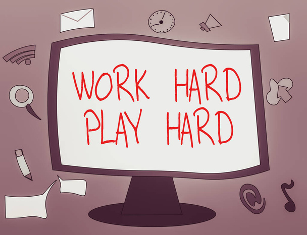 Work Hard Play Hard. Бизнес-концепция для погружения в любой вид деятельности - Hardworking Web Application, SurroBlank Mounted Monitor
. - Фото, изображение