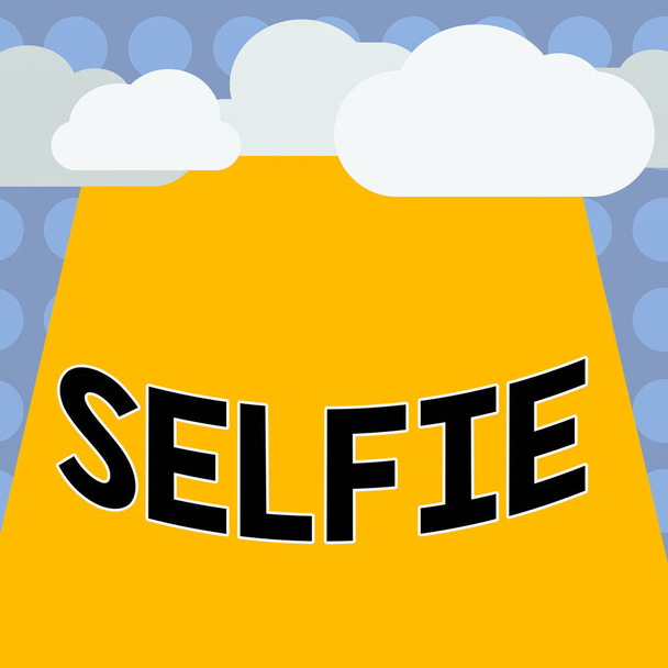 Selfie 'yi gösteren kavramsal el yazısı. Sosyal ağa yükleme için dijital kamera kullanan kişi tarafından çekilmiş iş fotoğrafı metni Boş Bulutlar Dikdörtgen Tahta Metin Boşluğunun Üstündeki Yarıtonda. - Fotoğraf, Görsel