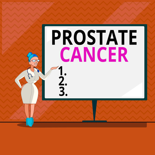 Word writing text Prostate Cancer. Business concept for development of cancer in the male reproductive system Female Doctor with Stethoscope Standing Hand Presenting Blank Whiteboard. - Photo, Image