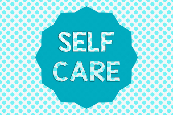 Writing note showing Self Care. Business photo showcasing the practice of taking action to preserve or improve one s is health Twelve 12 Pointed Star Dodecagon in Zigzag effect Polygon. - Photo, Image