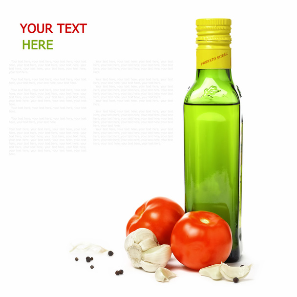 Olive oil, garlic, pepper and vegetables over white (with sample - Φωτογραφία, εικόνα