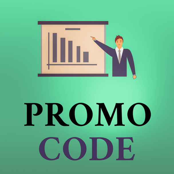 Conceptual hand writing showing Promo Code. Business photo text letters or numbers that allows getting a discount on something Man in Business Suit Pointing a Board Bar Chart Copy Space. - Photo, Image