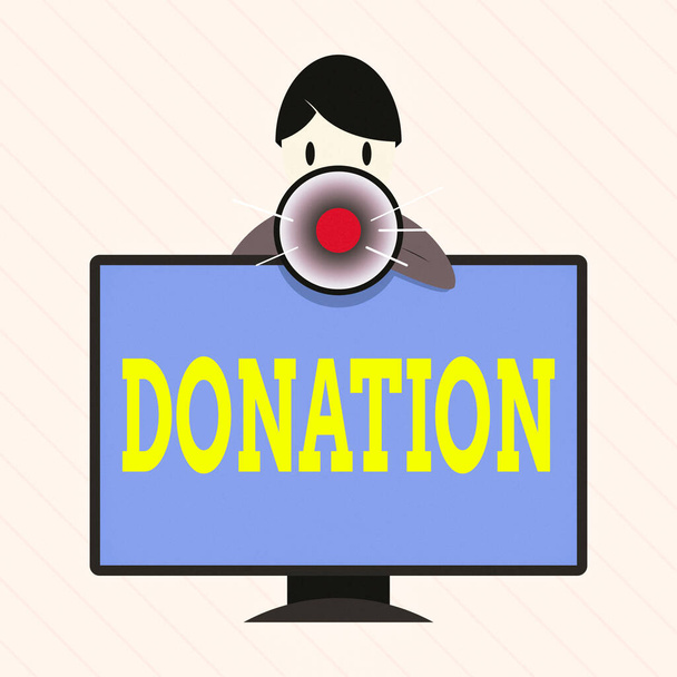 Word writing text Donation. Business concept for something that is given to a charity, especially a sum of money Man Standing Behind mounted PC Monitor Screen Talking and Holding Megaphone. - Photo, Image