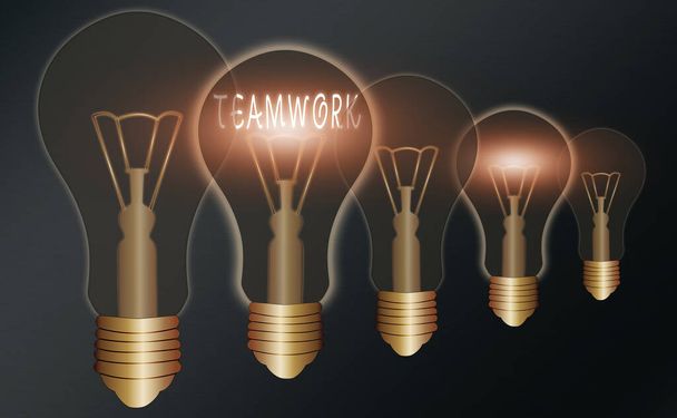 Handwriting text writing Teamwork. Concept meaning the group s is collaborative effort to accomplish a common goal Realistic colored vintage light bulbs, idea sign solution thinking concept. - Photo, Image