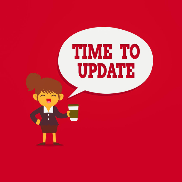 Word writing text Time To Update. Business concept for System software update for enhancement or compatibility Female Hu analysis Wearing Uniform Holding a coffee To Go Cup and Speech Bubble. - Photo, Image