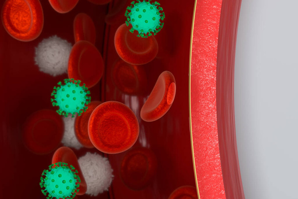Virus nel vaso sanguigno, con globuli rossi e bianchi, rendering 3d. Disegno digitale del computer. - Foto, immagini