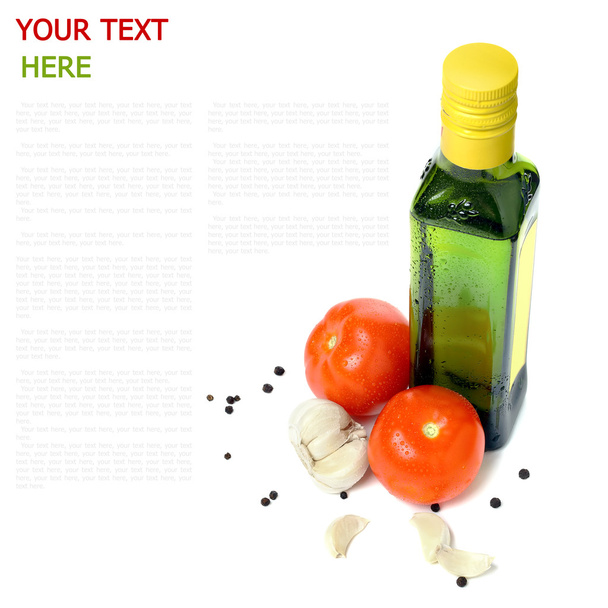 Olive oil, garlic, pepper and vegetables over white (with sample - Photo, Image