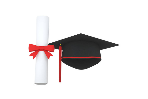 Graduate hoed met diploma terzijde op witte achtergrond, 3d rendering. Digitale computertekening. - Foto, afbeelding