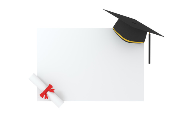 Sombrero de graduado con fondo de pizarra blanca, representación 3d. Dibujo digital informático
. - Foto, Imagen