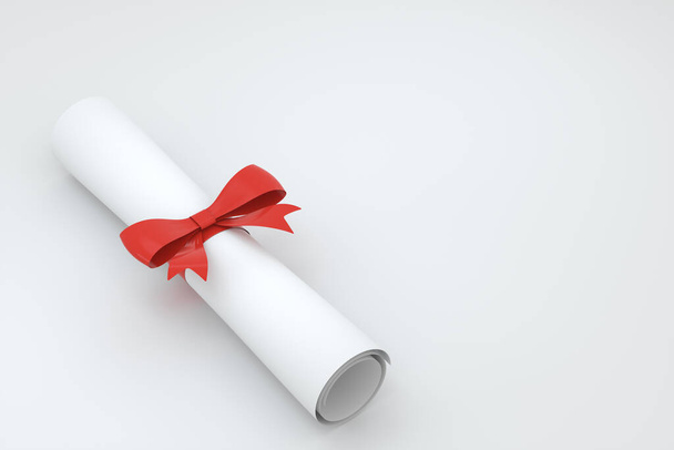 Diploma, rotolo di carta con nastro rosso isolato su sfondo bianco, rendering 3d. Disegno digitale del computer. - Foto, immagini