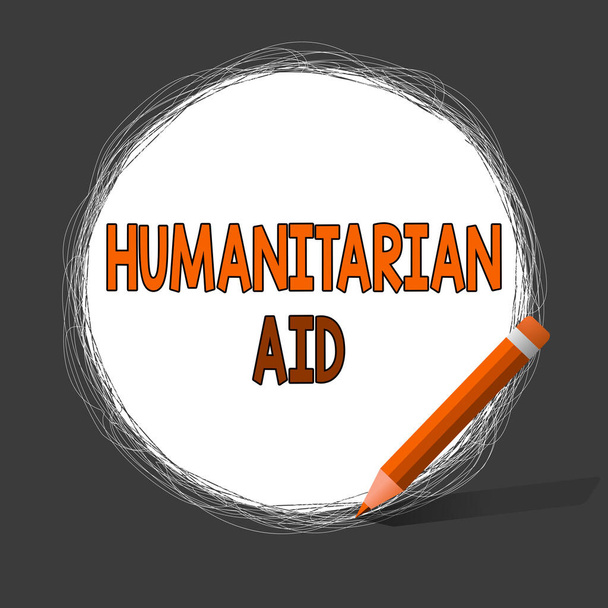 Writing note showing Humanitarian Aid. Business photo showcasing immediate assistance provided after natural and manmade disaster Scribbling of circular lines Using Pencil White Solid Circle. - Photo, Image