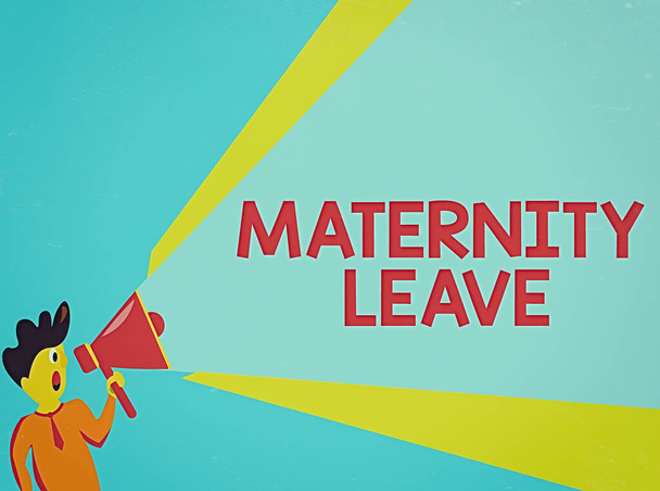Word writing text Maternity Leave. Business concept for a leave of absence for an expectant or a new mother Man Standing Talking Holding Megaphone with Extended Volume Pitch Power. - Photo, Image