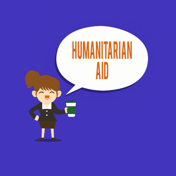 Text sign showing Humanitarian Aid. Conceptual photo immediate assistance provided after natural and manmade disaster Female Hu analysis Wearing Uniform Holding a coffee To Go Cup and Speech Bubble. - Photo, Image