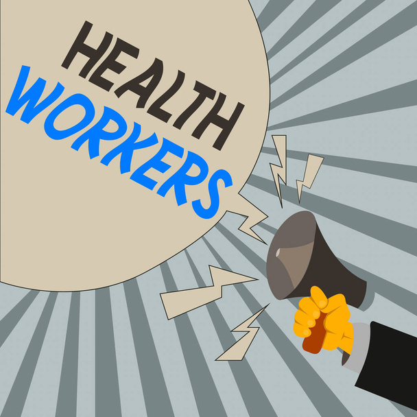 Γράμμα που δείχνει τους εργαζόμενους στην υγεία. Επιχειρηματική φωτογραφία παρουσίαση των οποίων η εργασία για την προστασία της υγείας των κοινοτήτων τους ανάλυση Male Hu χέρι εκμετάλλευση Megaphone κενό φούσκα ομιλίας. - Φωτογραφία, εικόνα