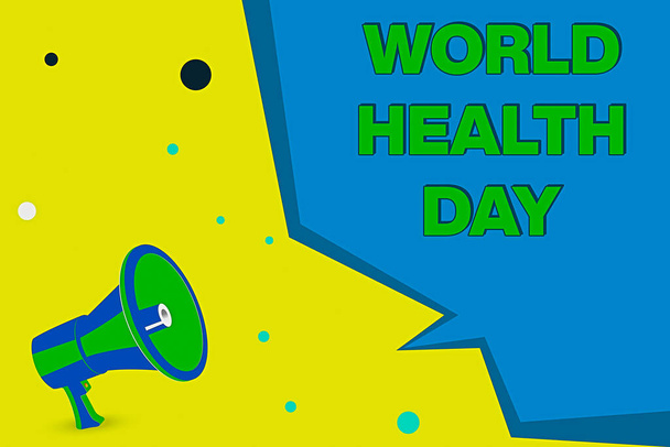 Wortschreibtext Weltgesundheitstag. Geschäftsidee für den weltweiten Tag des Gesundheitsbewusstseins, der jedes Jahr am 7. April gefeiert wird: Megafon-Lautsprecher und leere geometrische Form der halben Sprechblase. - Foto, Bild
