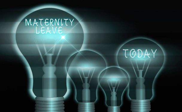 Conceptual hand writing showing Maternity Leave. Business photo text a leave of absence for an expectant or a new mother Realistic colored vintage light bulbs, idea sign solution. - Photo, Image