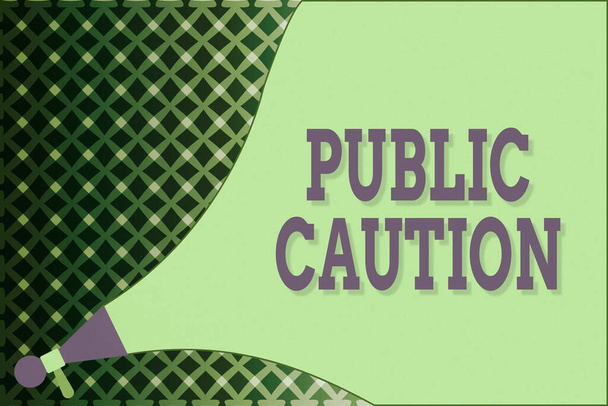Writing note showing Public Caution. Business photo showcasing formal warning given to the public to express a potential risk Megaphone speaker Extending the Loudness Sound Intensity and Volume. - Photo, Image