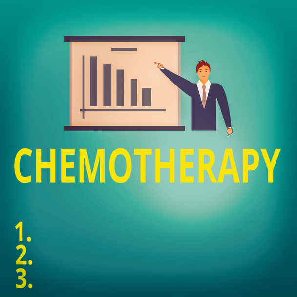 Text sign showing Chemotherapy. Conceptual photo the treatment of disease by the use of chemical substances Man in Business Suit Standing Pointing a Board with Bar Chart Copy Space. - Photo, Image