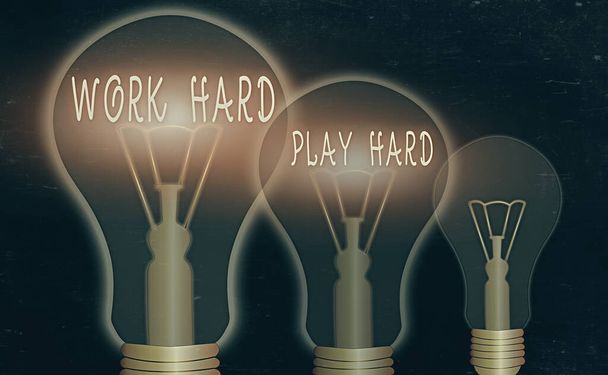 Text sign showing Work Hard Play Hard. Conceptual photo diligent in any activity Party at weekends Hardworking Realistic colored vintage light bulbs, idea sign solution thinking concept. - Photo, Image