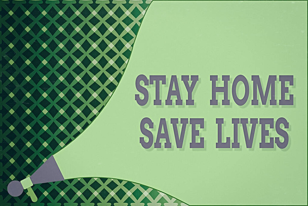 Notiz mit der Aufschrift Stay Home Save Life. Geschäftsfotos, die die Anzahl der infizierten Patienten verringern, indem sie das Haus nicht verlassen Megafon-Lautsprecher, die Lautstärke und Lautstärke der Lautstärke erhöhen - Foto, Bild