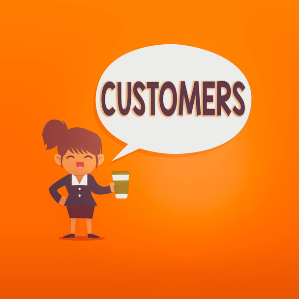 Handwriting text Customers. Concept meaning individual or organization purchasing products or services Female Hu analysis Wearing Uniform Holding a coffee To Go Cup and Speech Bubble. - Photo, Image