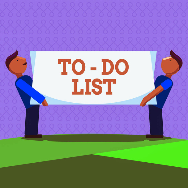 Word writing text To do List. Business concept for a list of tasks to complete and organize according to priority Two Men Standing Carrying Rectangular Blank Panel Board on Both Sides. - Photo, Image