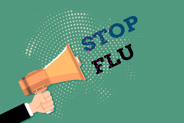 Text sign showing Stop Flu. Conceptual photo put an end of the viral infection of your lungs and airways Male Hu analysis Hand Holding Gripping a Megaphone on Dotted Halftone Pattern. - Photo, Image