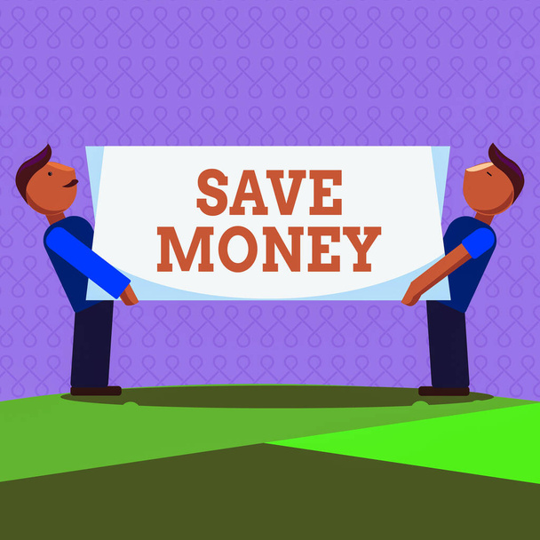 Текст, написанный словом Save Money. Бизнес-концепция для бюджета или отложить деньги в сторону на будущее или чрезвычайное двух мужчин, стоящих с прямоугольной пустой панели с обеих сторон
. - Фото, изображение