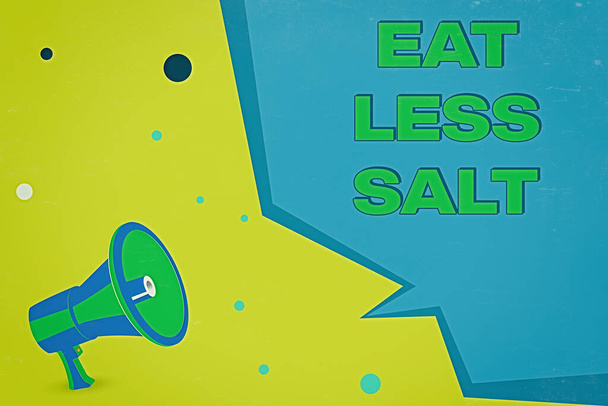 Word writing text Eat Less Salt. Geschäftskonzept zur Verringerung der Natriumaufnahme in Lebensmitteln und Getränken Megaphon-Lautsprecher und geometrische Blankform Half Speech Bubble. - Foto, Bild