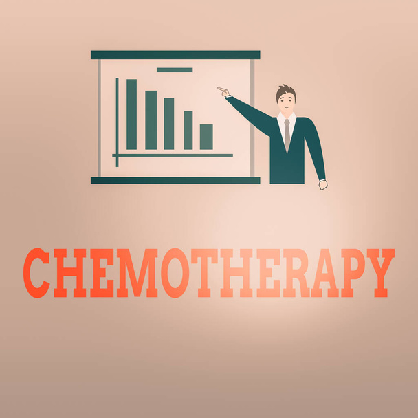 Piszę notatkę z chemioterapią. Biznesowe zdjęcie pokazujące leczenie choroby przy użyciu substancji chemicznych Człowiek w garniturze Business wskazując na wykres Bar Board Copy Space. - Zdjęcie, obraz