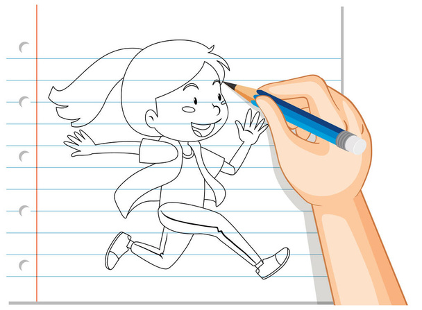 Escrita à mão de menina correndo ilustração esboço
 - Vetor, Imagem