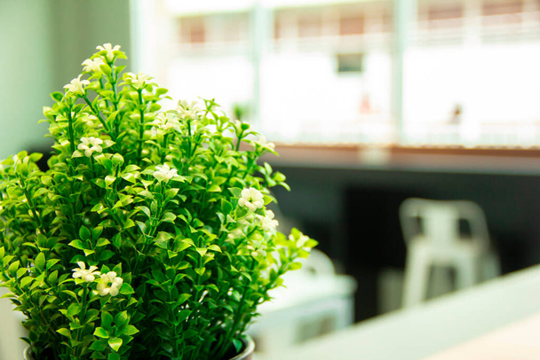 Choisissez focus sur le pot de fleurs. Fausses fleurs colorées avec des feuilles vertes dans le panier Un seau sur une table en bois brun dans un café le matin Pot de fleurs en plastique Intérieurs de la maison, bureaux et décoration de salon - Photo, image