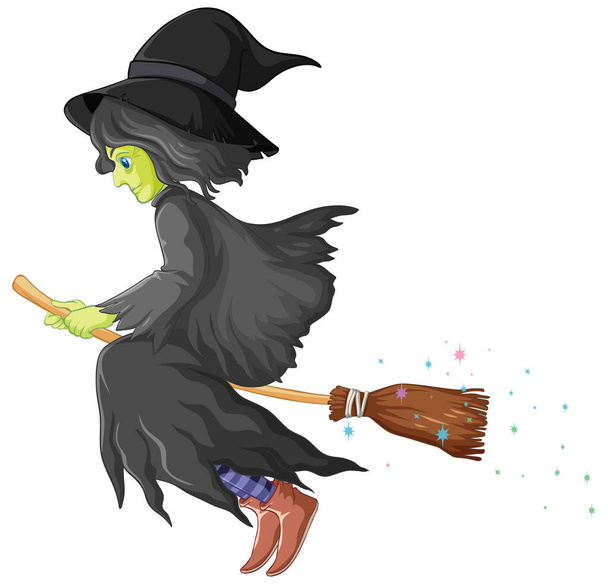 Witch rijdt bezemsteel geïsoleerd op witte achtergrond illustratie - Vector, afbeelding