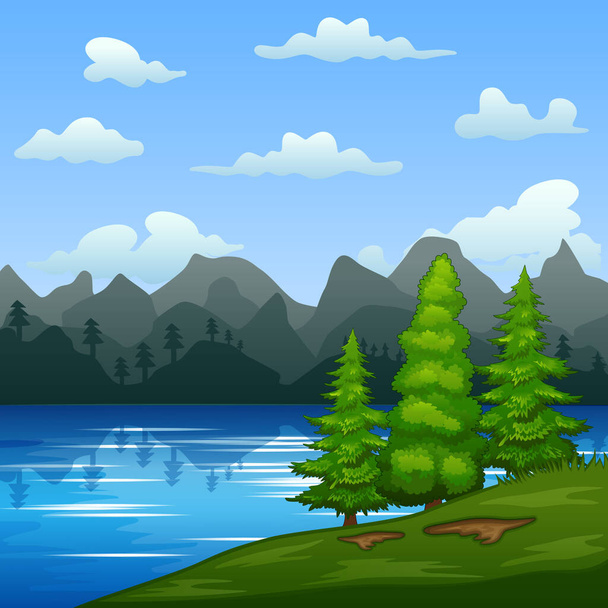 Ilustracja zielonego krajobrazu nad rzeką - Wektor, obraz