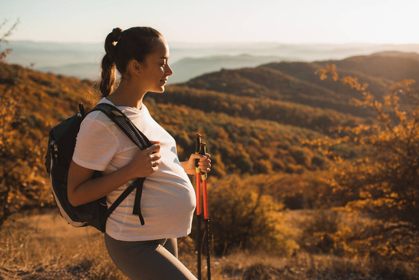 Pregnant woman nordic walking with trekking sticks on hill with beautiful autumn mountain view. Pregnancy activity and healthy lifestyle in maternity time. Travel concept. - Photo, Image