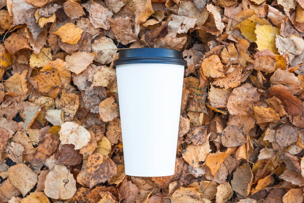 Coffee to go mockup. White paper cup with black plastic cap on the background of autumn foliage. - Фото, зображення