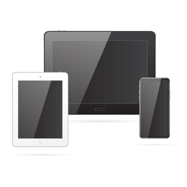 Realistische schwarze, silberfarbene Tablets und ein schwarzes Handy mit Licht auf schwarzen Bildschirmen. Eine Reihe von technologischen Geräten, Gadgets. Vektor-Illustration von hoher Qualität - Vektor, Bild