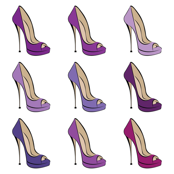 vector illustration of female purple, violet shoes on heels - Vector, Image