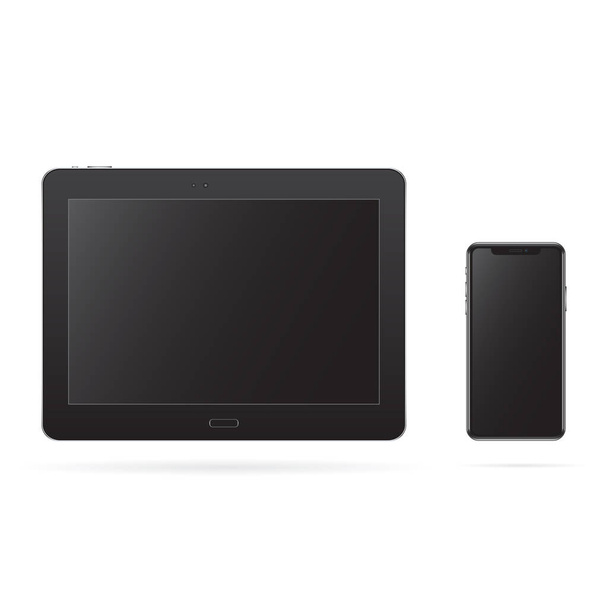 Realistinen musta tabletti ja matkapuhelin, jossa on valo mustilla näytöillä. Joukko teknisiä laitteita, vempaimia. Korkealaatuinen vektoriesimerkki - Vektori, kuva