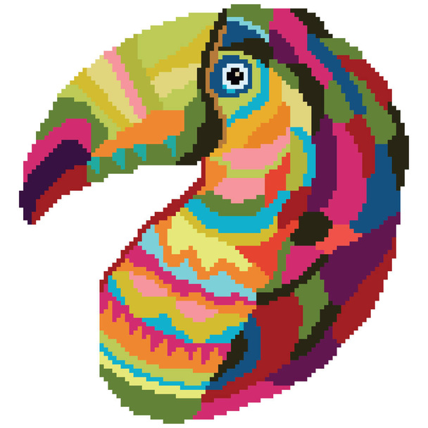 Cabeza tropical de tucán pájaro brillante. Pixel estilo de arte. Animal salvaje sudamericano sobre un fondo blanco aislado. Un pájaro exótico de la selva. Diseño del logotipo, pegatinas, bordados, apliques, mosaico. Ilustración vectorial - Vector, imagen