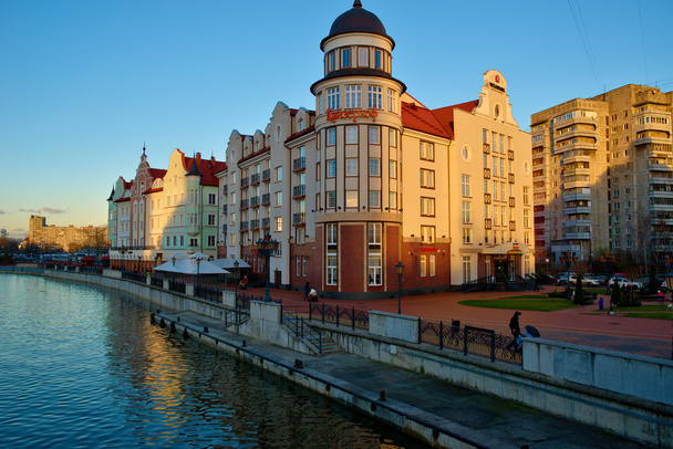 Ethnographic and trade center in evening, embankment of the Fishing Village in Kaliningrad, Russia. - Photo, image