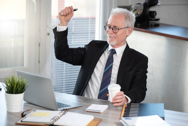 Senior businessman with arms up; business success - Photo, Image