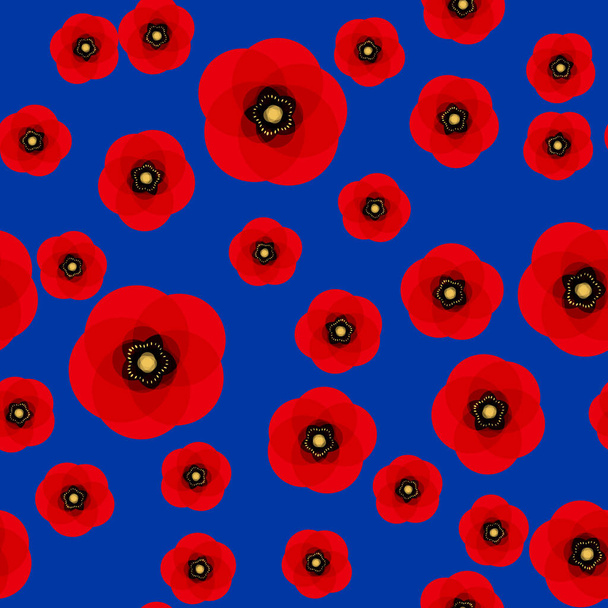 Nahtloses Muster aus Mohn. Rote Mohnblumen auf blauem Hintergrund. Kann für Textilien, Tapeten, Drucke und Webdesign verwendet werden. Vektorillustration - Vektor, Bild